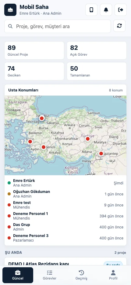 Elevatora SAHA — Mobil saha ve görevler ekranı